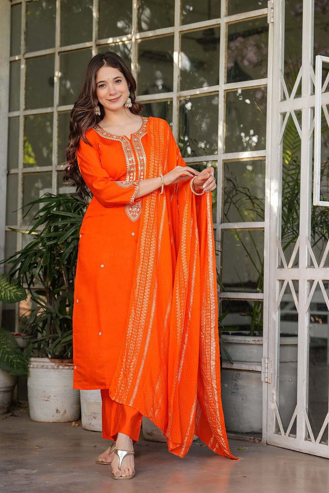 Orange Embroidered Chanderi Straight Cut Suit Set