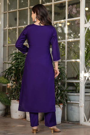 Violet Embroidered Chanderi Straight Cut Suit Set