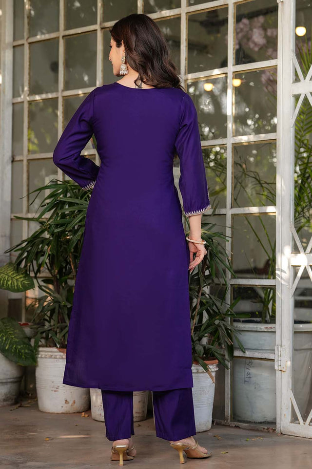 Violet Embroidered Chanderi Straight Cut Suit Set