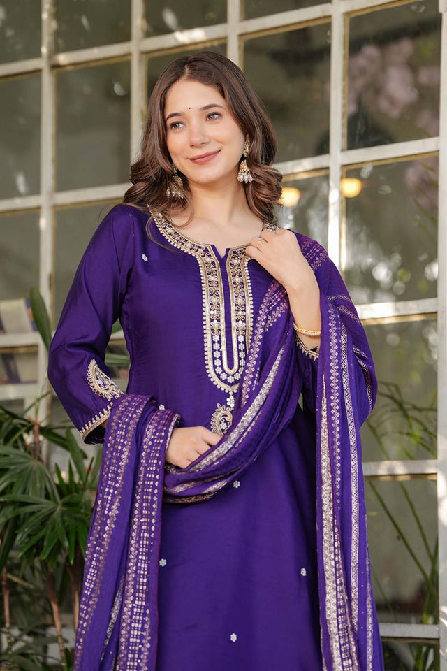 Violet Embroidered Chanderi Straight Cut Suit Set