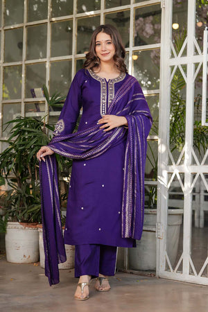 Violet Embroidered Chanderi Straight Cut Suit Set