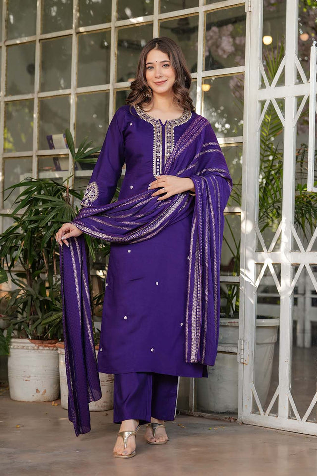 Violet Embroidered Chanderi Straight Cut Suit Set