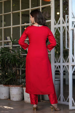 Red Embroidered Chanderi Straight Cut Suit Set