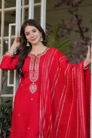Red Embroidered Chanderi Straight Cut Suit Set