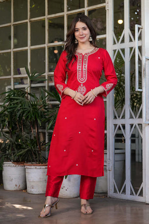 Red Embroidered Chanderi Straight Cut Suit Set