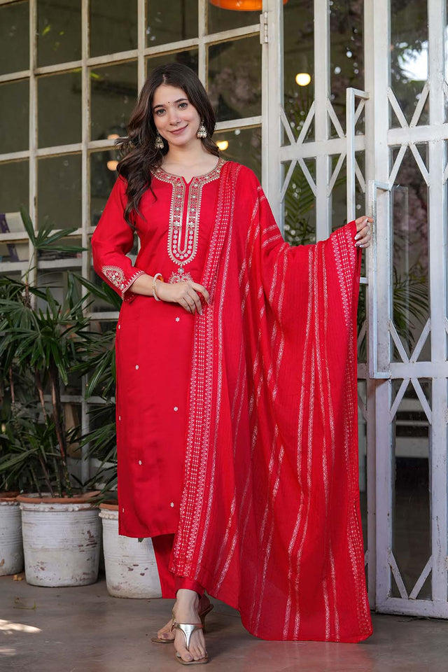 Red Embroidered Chanderi Straight Cut Suit Set