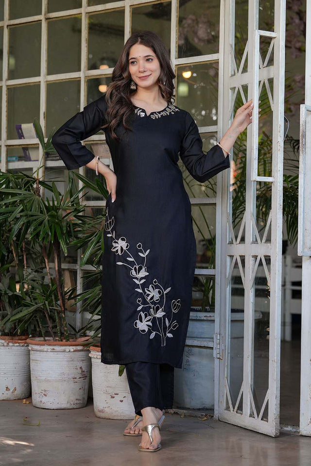 Black Embroidered Rayon Straight Cut Suit Set