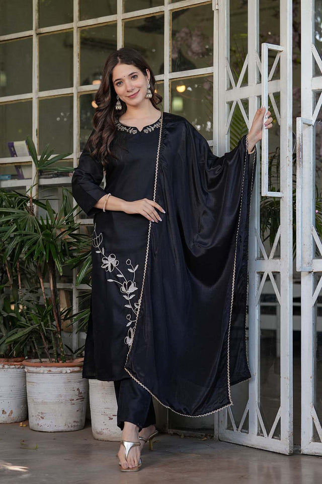 Black Embroidered Rayon Straight Cut Suit Set