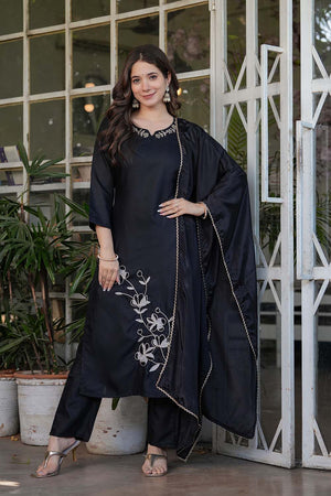 Black Embroidered Rayon Straight Cut Suit Set