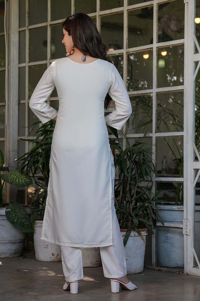 White Embroidered Rayon Straight Cut Suit Set