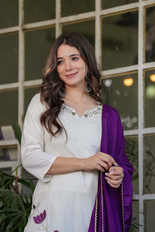 White Embroidered Rayon Straight Cut Suit Set