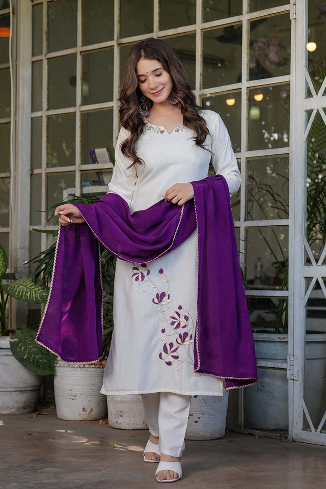 White Embroidered Rayon Straight Cut Suit Set