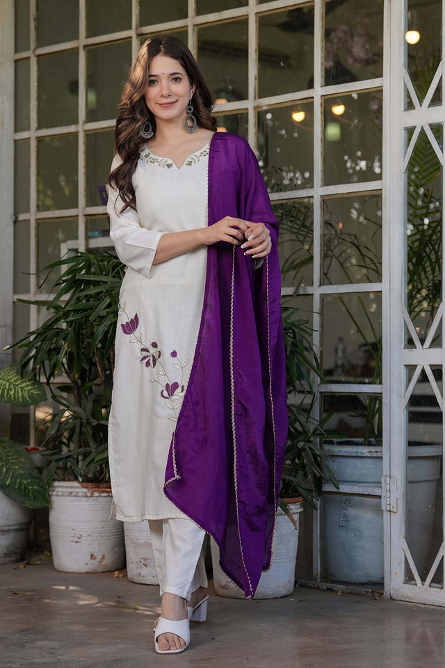 White Embroidered Rayon Straight Cut Suit Set