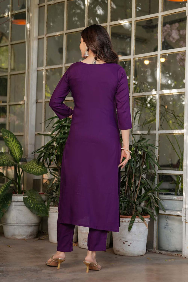 Violet Embroidered Rayon Straight Cut Suit Set