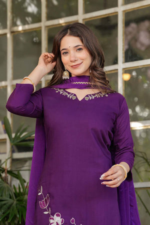Violet Embroidered Rayon Straight Cut Suit Set