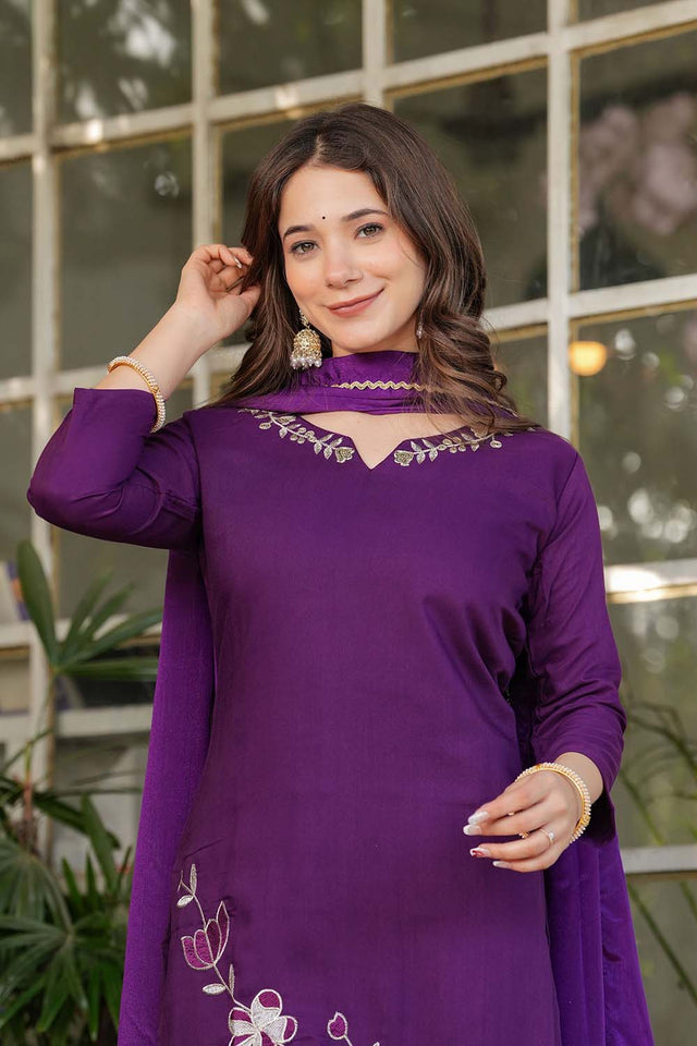 Violet Embroidered Rayon Straight Cut Suit Set