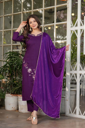 Violet Embroidered Rayon Straight Cut Suit Set