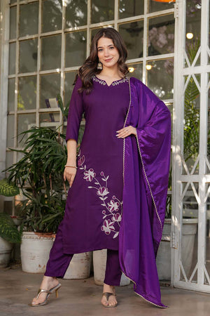 Violet Embroidered Rayon Straight Cut Suit Set