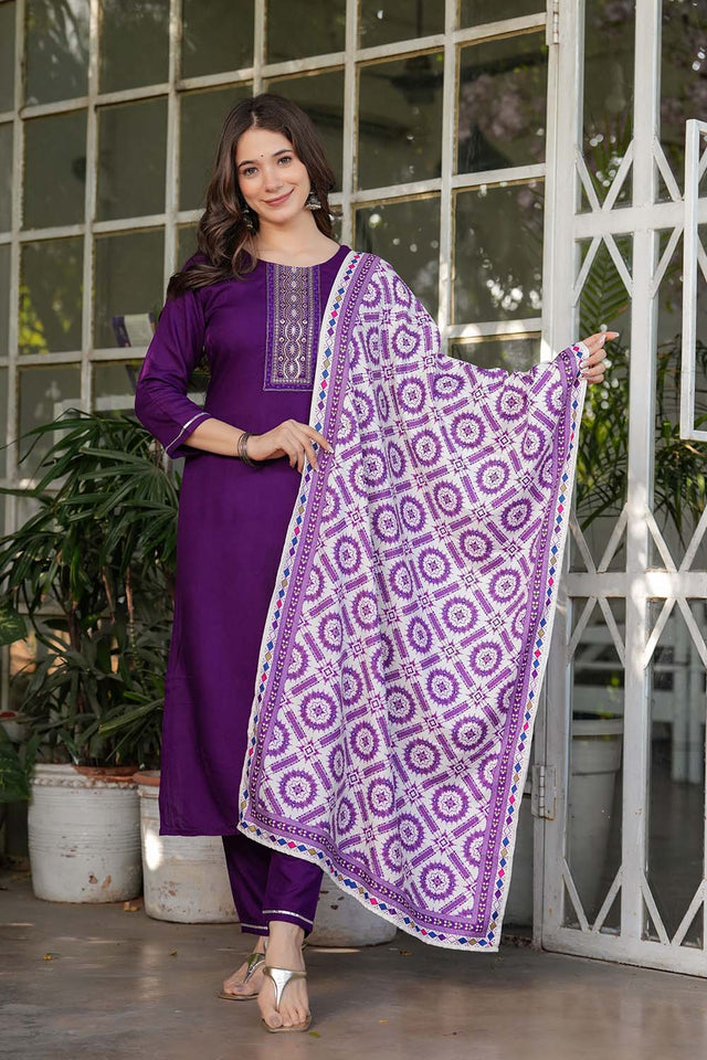 Violet Solid Rayon Straight Cut Suit Set