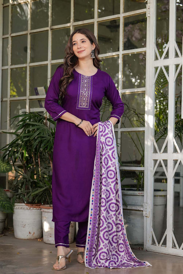 Violet Solid Rayon Straight Cut Suit Set
