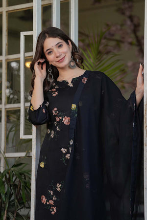 Black Floral Printed Silk Straight Cut Suit Set