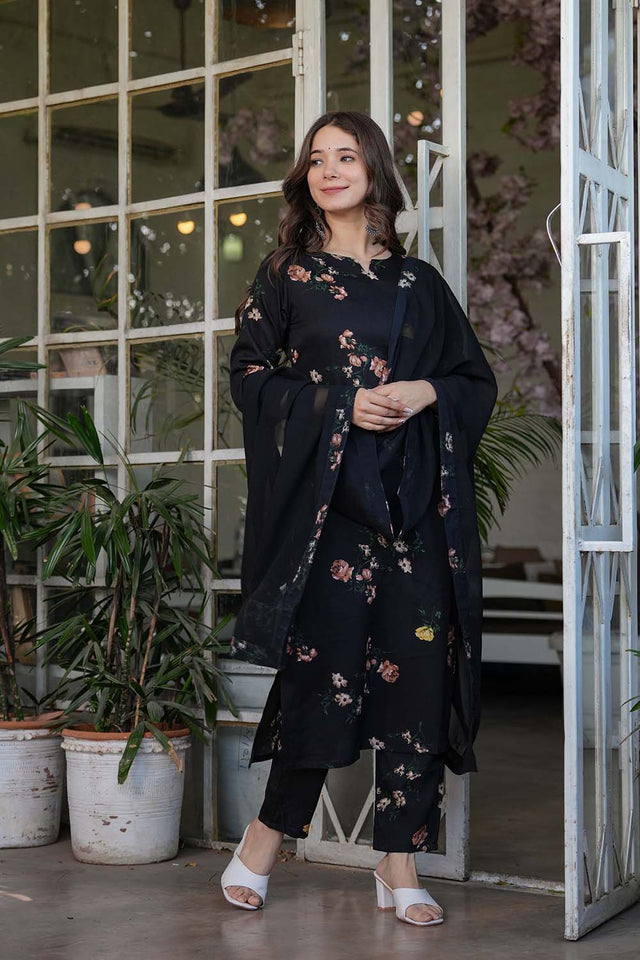 Black Floral Printed Silk Straight Cut Suit Set