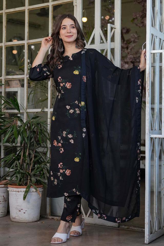 Black Floral Printed Silk Straight Cut Suit Set