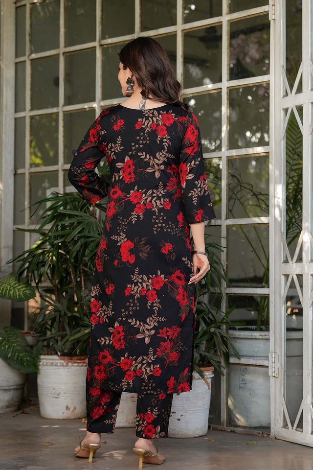 Black Floral Printed Silk Straight Cut Suit Set