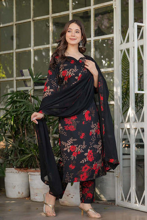 Black Floral Printed Silk Straight Cut Suit Set