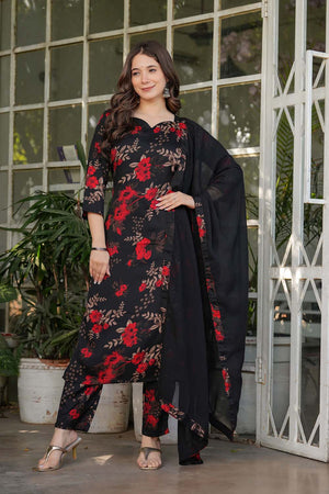 Black Floral Printed Silk Straight Cut Suit Set