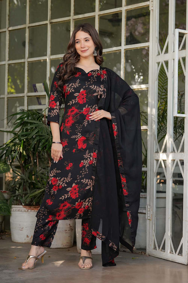 Black Floral Printed Silk Straight Cut Suit Set
