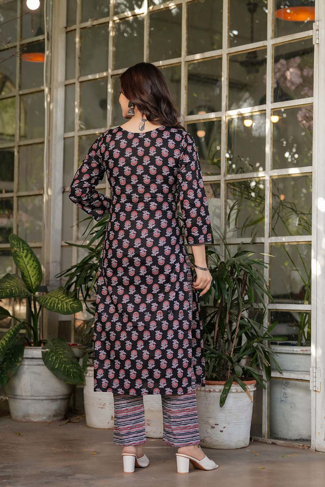 Black Floral Printed Cotton Straight Cut Suit Set