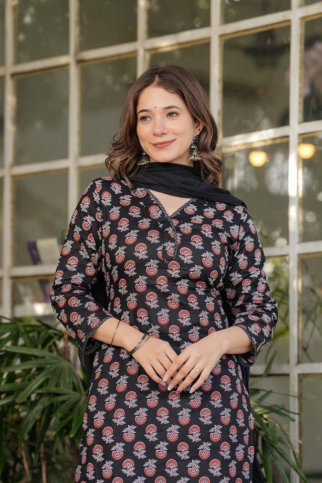 Black Floral Printed Cotton Straight Cut Suit Set