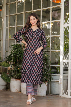 Black Floral Printed Cotton Straight Cut Suit Set