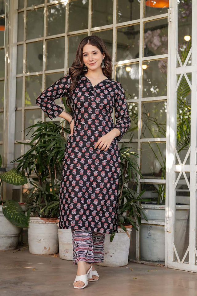 Black Floral Printed Cotton Straight Cut Suit Set