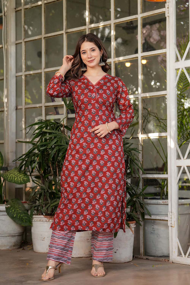 Red Floral Printed Cotton Straight Cut Suit Set