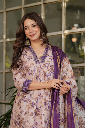 White Floral Printed Cotton Straight Cut Suit Set