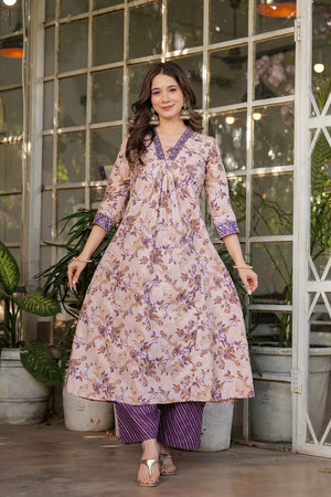 White Floral Printed Cotton Straight Cut Suit Set