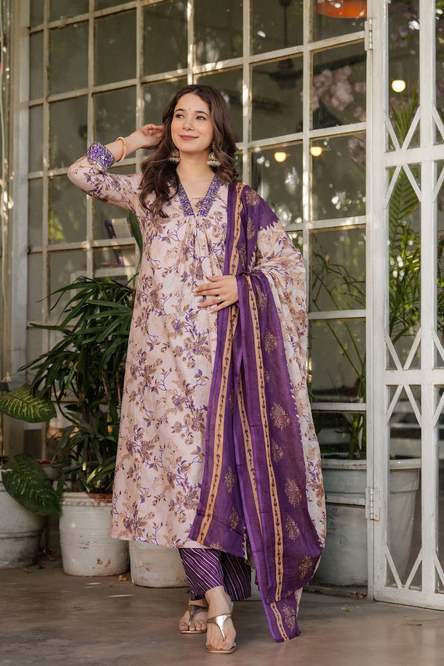 White Floral Printed Cotton Straight Cut Suit Set