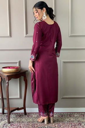 Red Embroidered Chanderi Straight Cut Suit Set