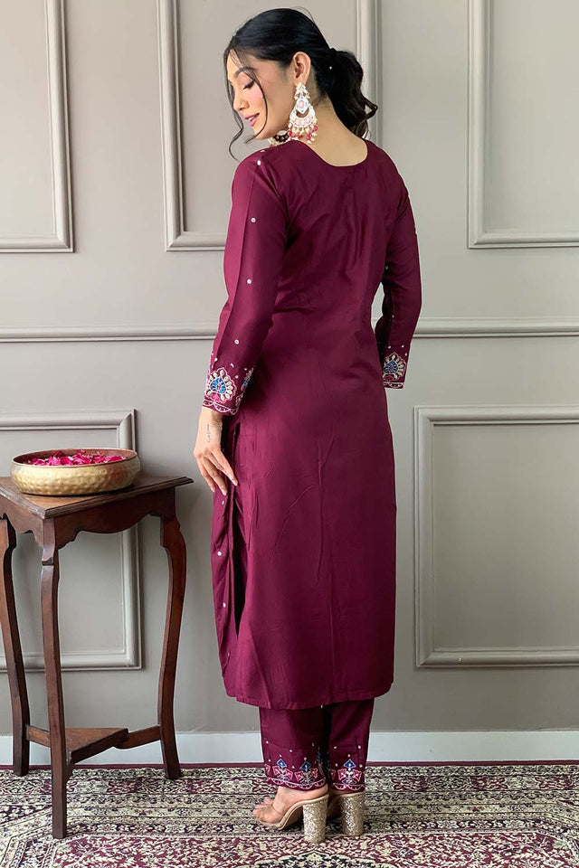 Red Embroidered Chanderi Straight Cut Suit Set