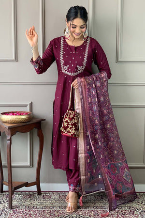 Red Embroidered Chanderi Straight Cut Suit Set