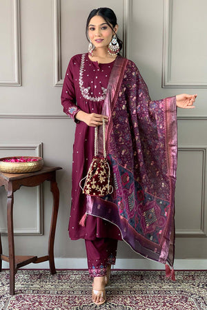 Red Embroidered Chanderi Straight Cut Suit Set