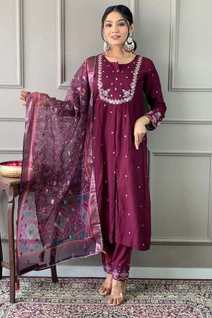 Red Embroidered Chanderi Straight Cut Suit Set