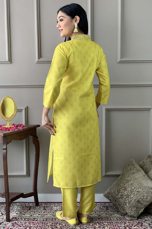 Yellow Floral Printed Muslin Straight Cut Suit Set (ACZ5135)