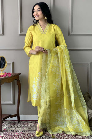 Yellow Floral Printed Muslin Straight Cut Suit Set (ACZ5135)