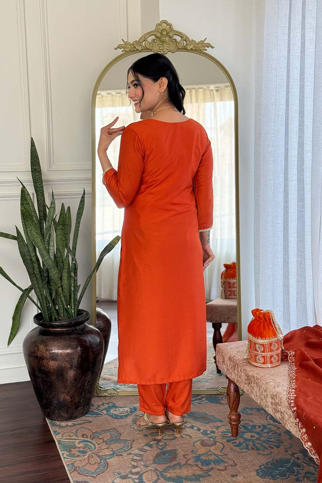 Orange Floral Printed Chinon Straight Cut Suit Set