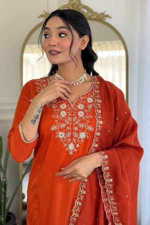 Orange Floral Printed Chinon Straight Cut Suit Set