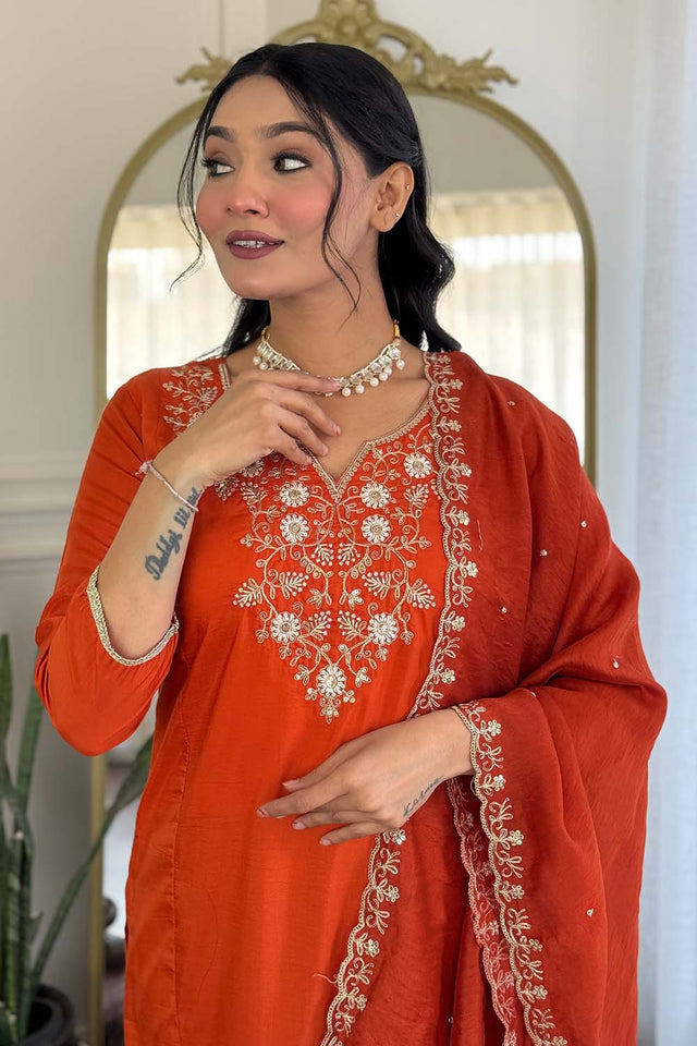 Orange Floral Printed Chinon Straight Cut Suit Set