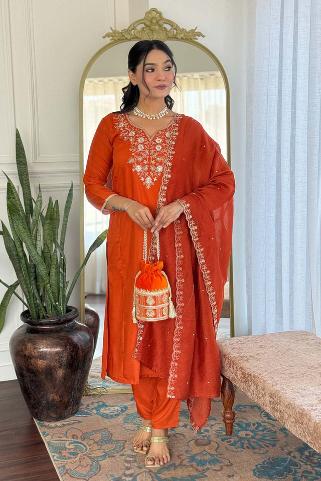 Orange Floral Printed Chinon Straight Cut Suit Set